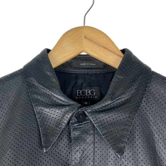 BCBG MAXAZRIA Vintage Black Leather Perforated Button Up Shirt US M - Picture 5 of 10